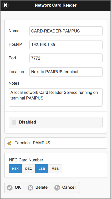 Admin Web App: Devices - Network Card Reader - Custom User Login