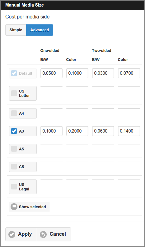 Admin Web App: Proxy Printer - Edit - Manual Media Size (Advanced)