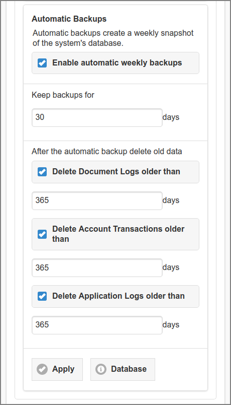 Admin Web App: Options - Automatic Backups