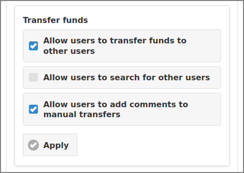 Admin Web App: Options - Financial - Transfer funds