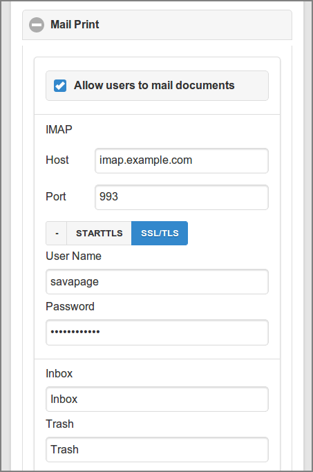 Admin Web App: Options - Mail Print (IMAP)