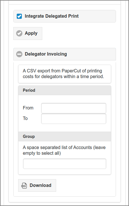 Admin Web App: Options - PaperCut Delegated Print Integration