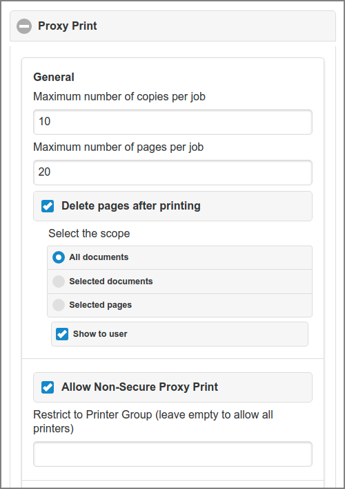 Admin Web App: Options - Proxy Print General