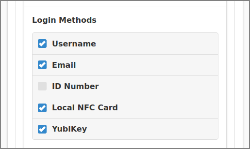 Admin Web App: Options - User Authentication - Login Methods