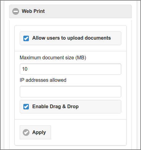 Admin Web App: Options - Web Print