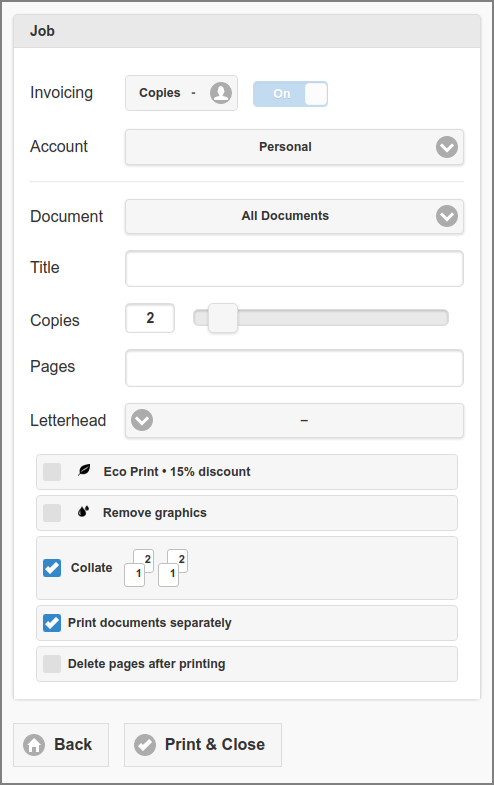 User Web App: Print - Job Settings