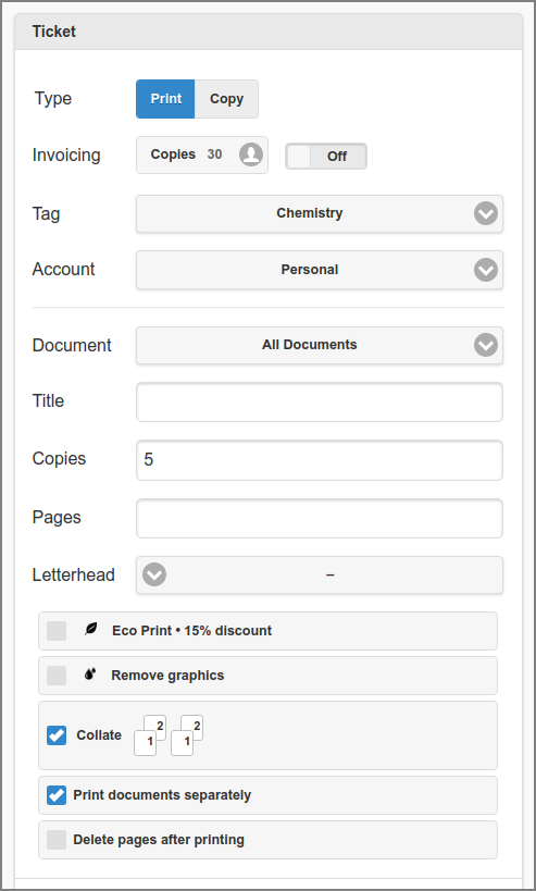 User Web App: Print - Job Ticket Settings - Print