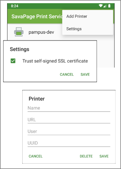 SavaPage Android Print App - Menu